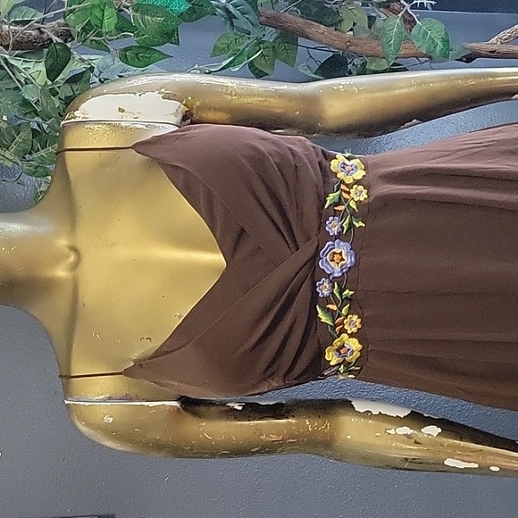 Vintage Eva Blue Brown Floral Mesh Knee Length Y2K Dress Size M - Picture 2 of 9